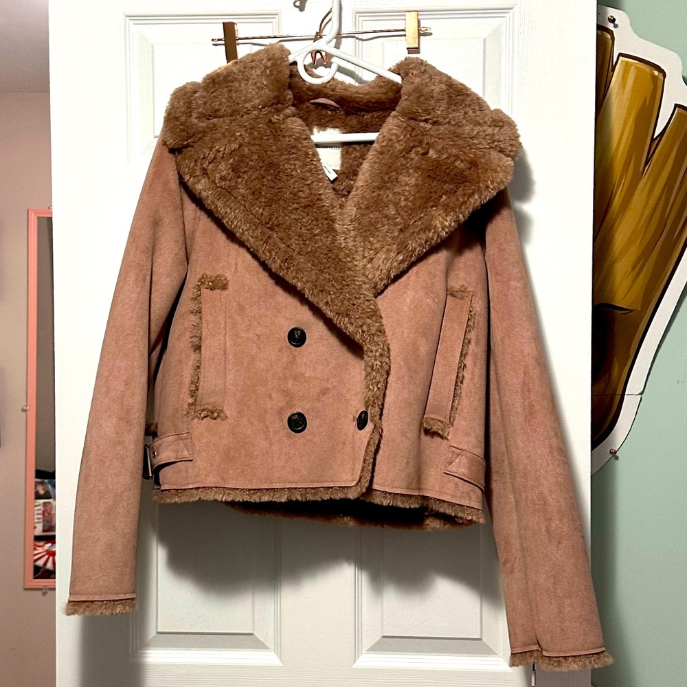 Avec Les Filles Faux Double Breasted Moto Jacket in Rose Taupe, Size L